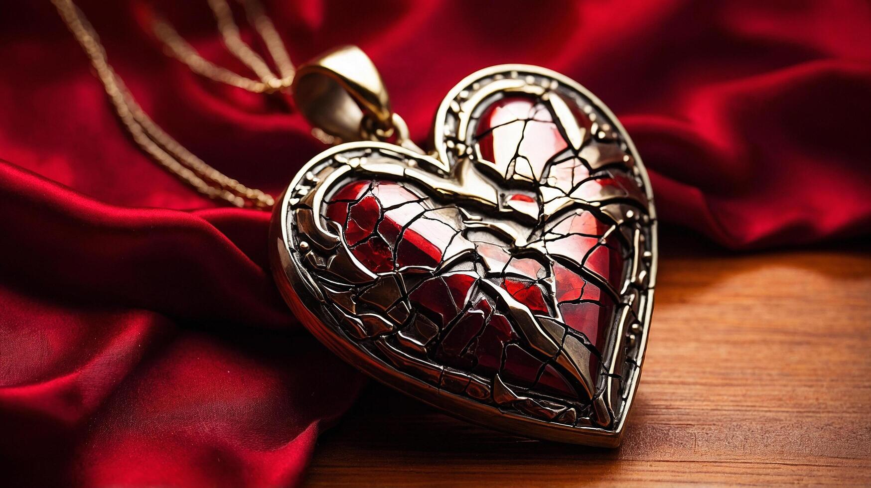 Broken Heart Pendant on Red Silk for Dramatic Romantic Theme photo