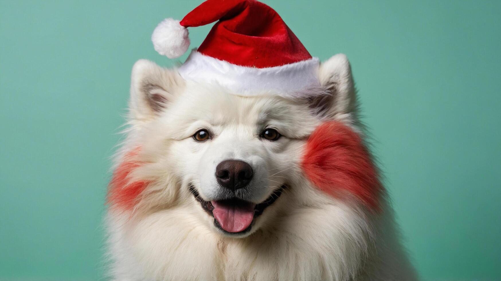 Festive Samoyed in Santa Hat with Light Green Backdrop photo