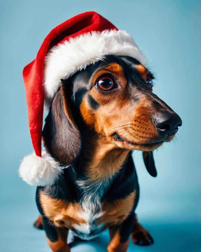 Cute Dachshund Wearing Santa Hats. photo