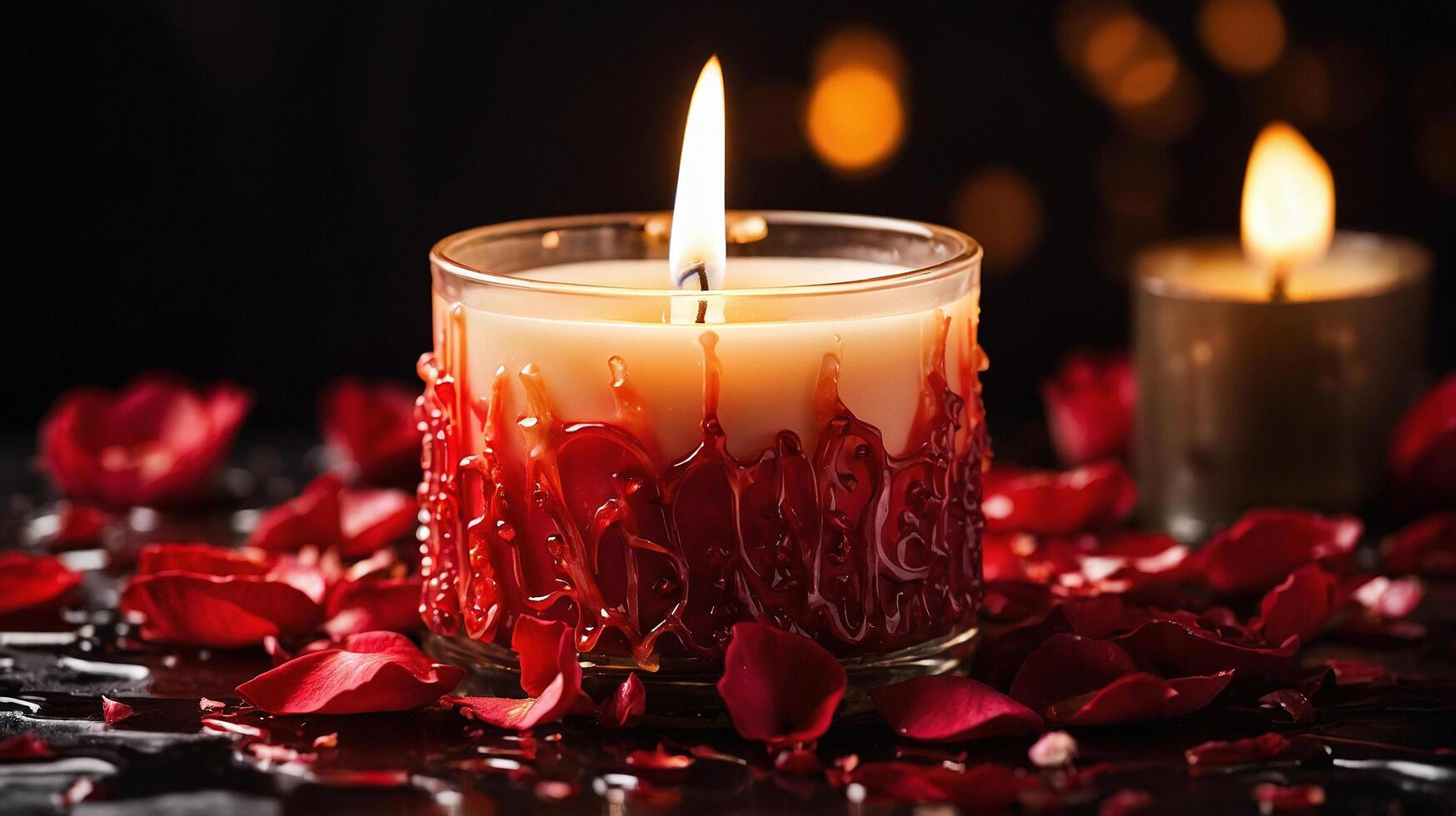 Elegant Candle with Melting Wax and Rose Petals photo