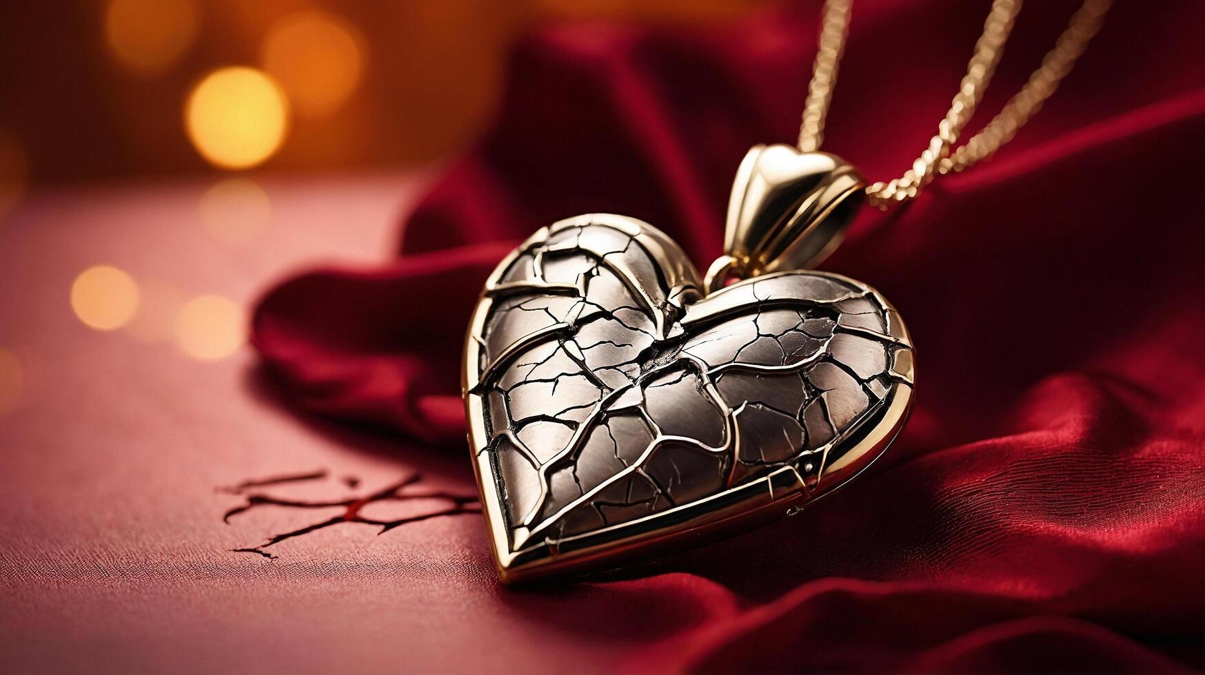 Dramatic Broken Heart Pendant Resting on Luxurious Red Silk photo