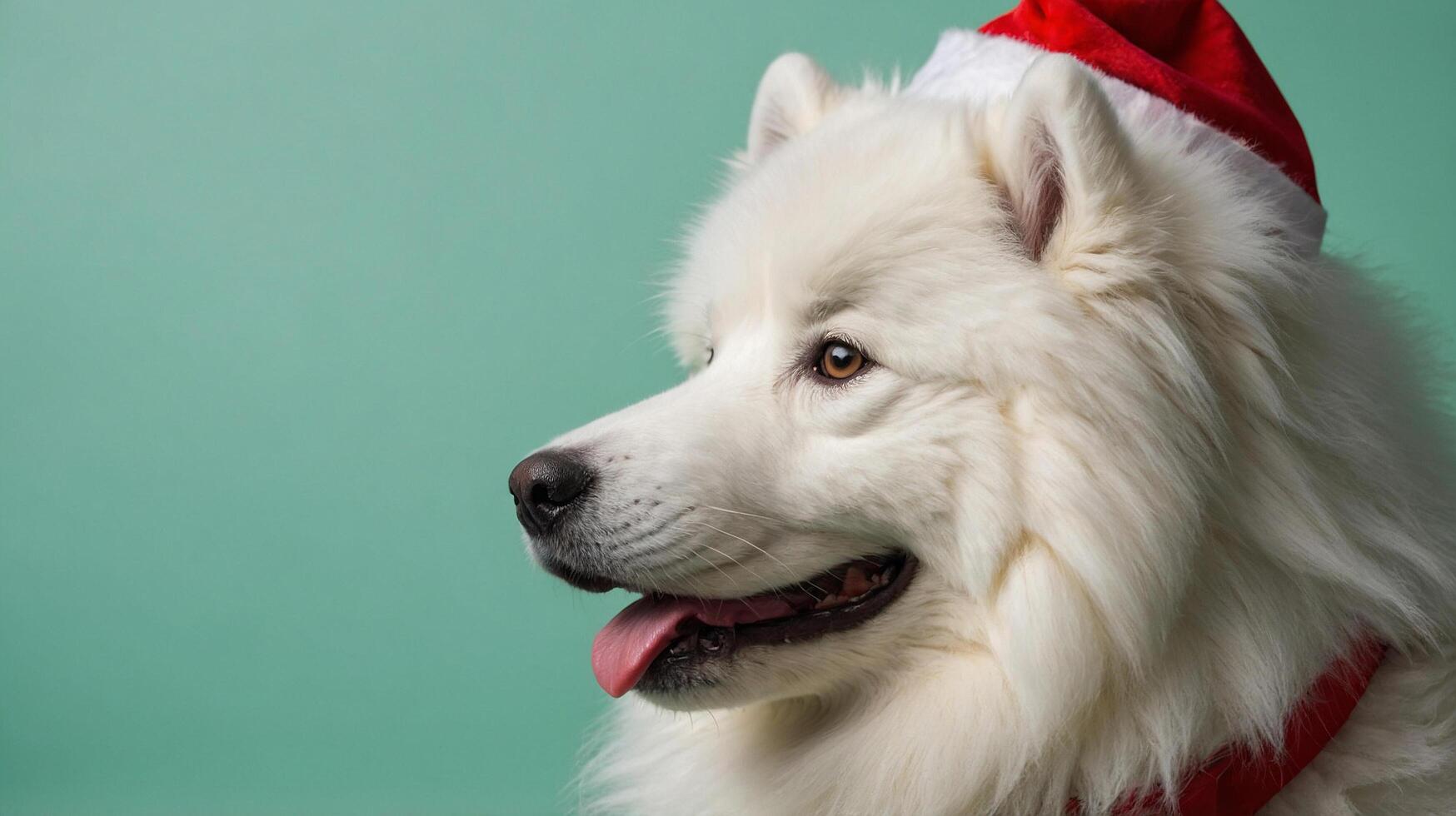 Cheerful Samoyed Dog Wearing Santa Hats photo