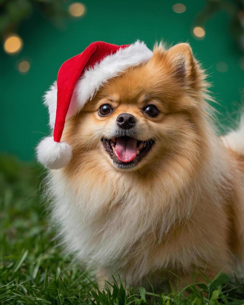 Fluffy Pomeranian in Santa Hat on Green Background photo