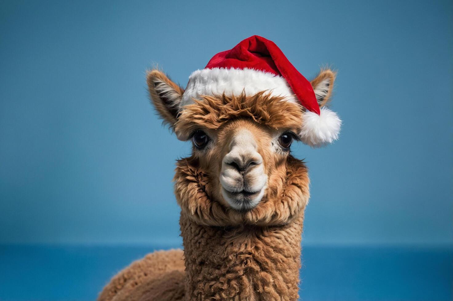Fluffy Alpaca in Santa Hat on Soft Blue Background photo