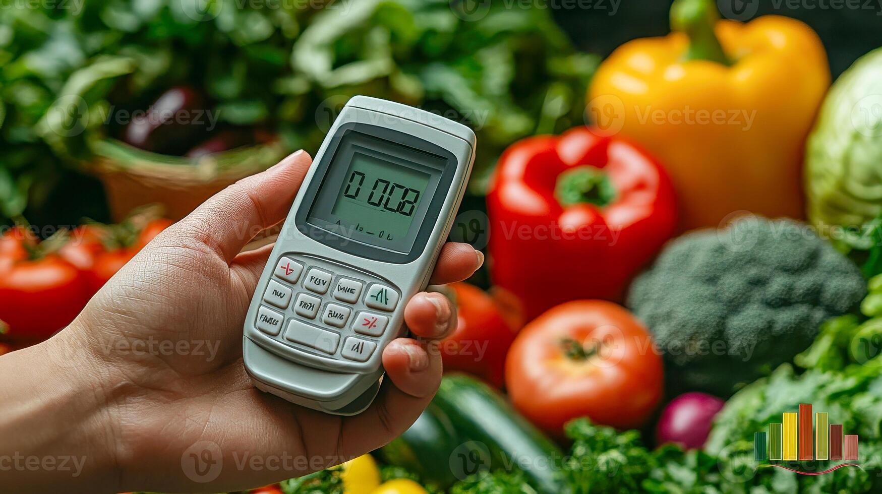 A person holding a cell phone in front of a bunch of vegetables photo