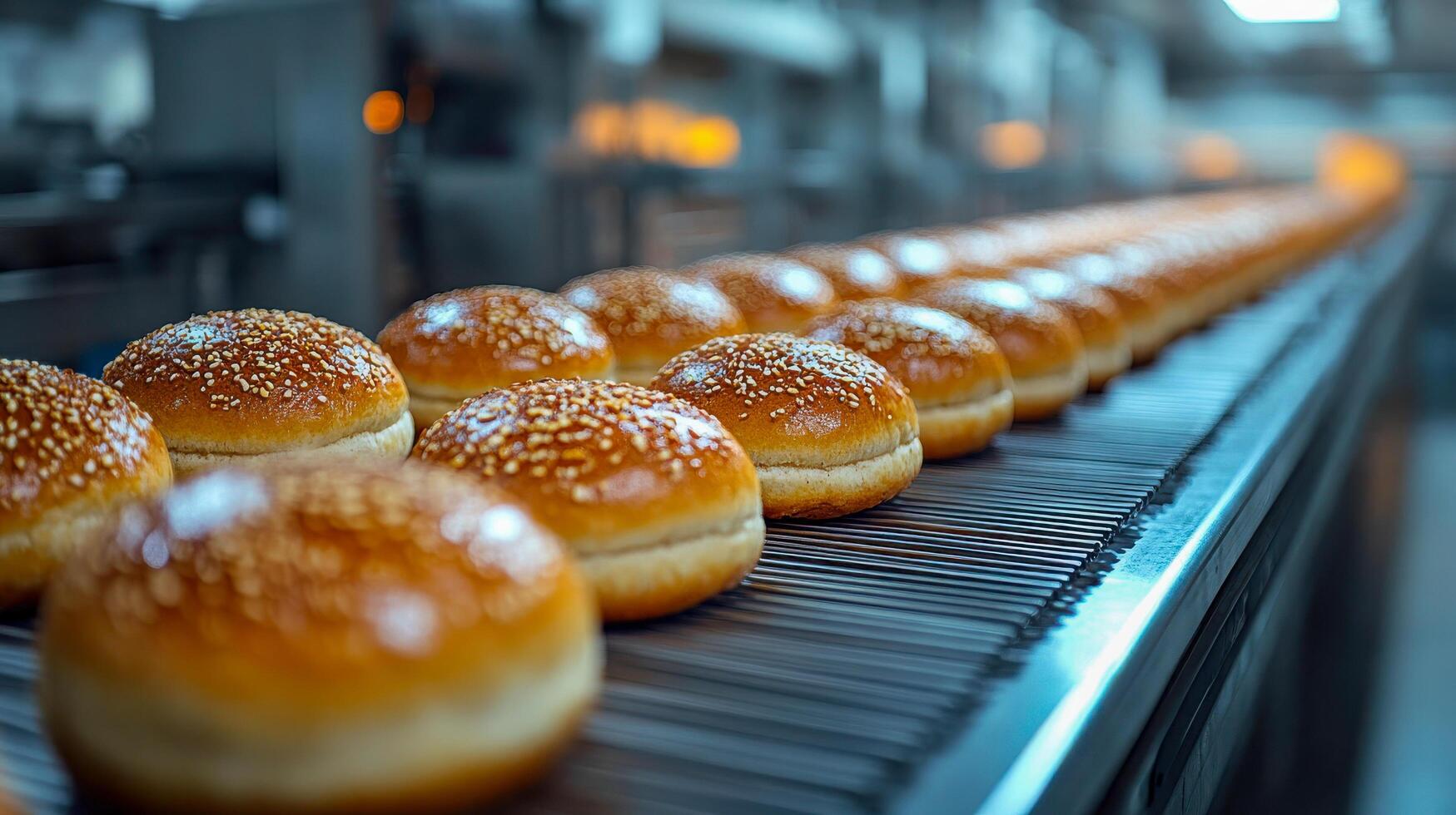 A conveyor belt with buns on it photo