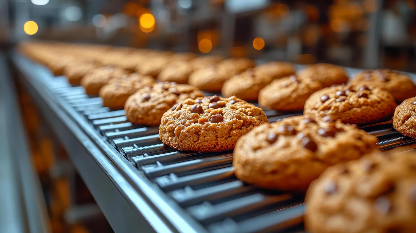 Cookies on conveyor belt in factory photo