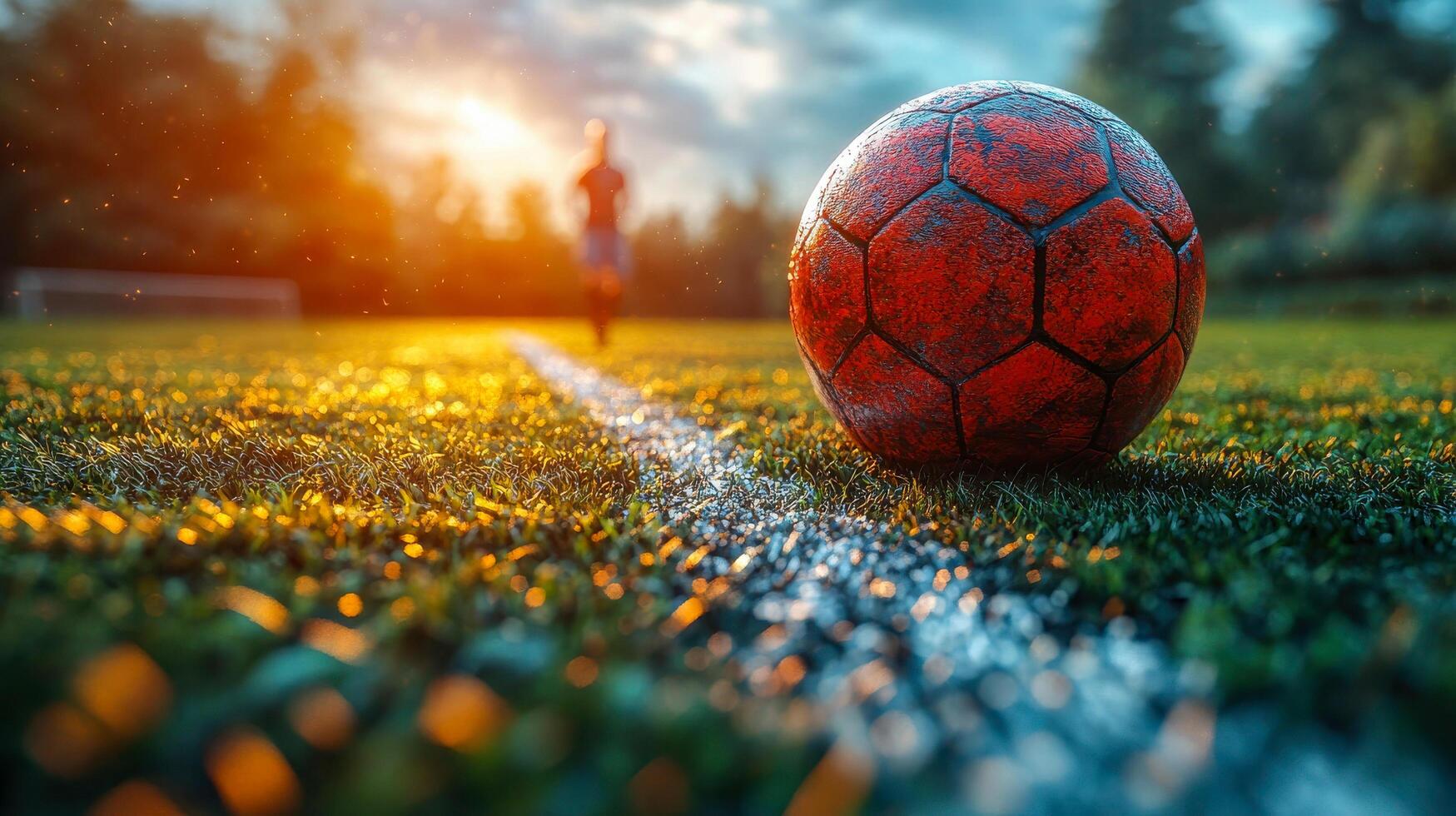 Soccer ball on grass with sun setting in background photo