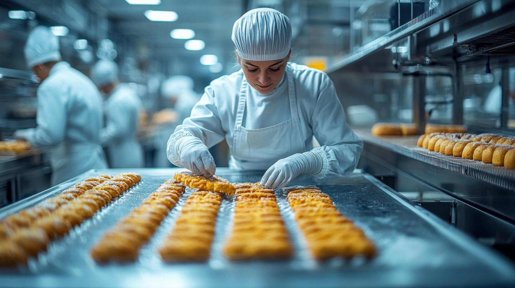 A worker in a factory making donuts photo