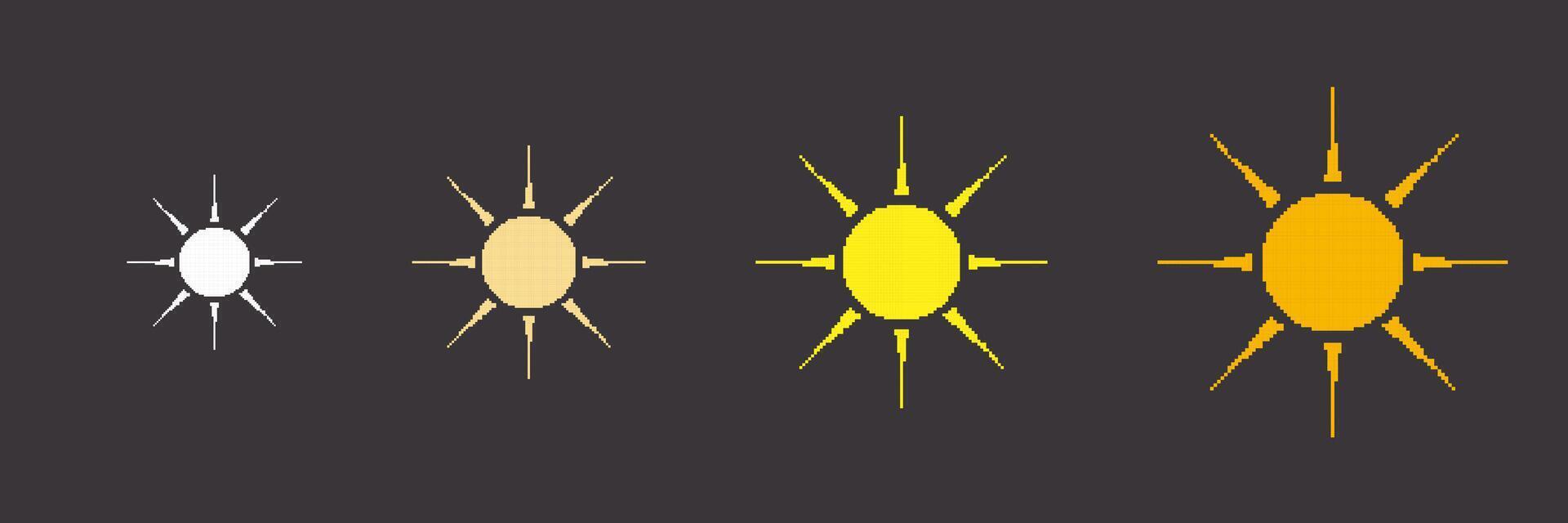 Yellow Pixel Sun Icon Set with Radiant Rays. Vintage Solar Symbol for Sunny Days. Isolated Illustration vector