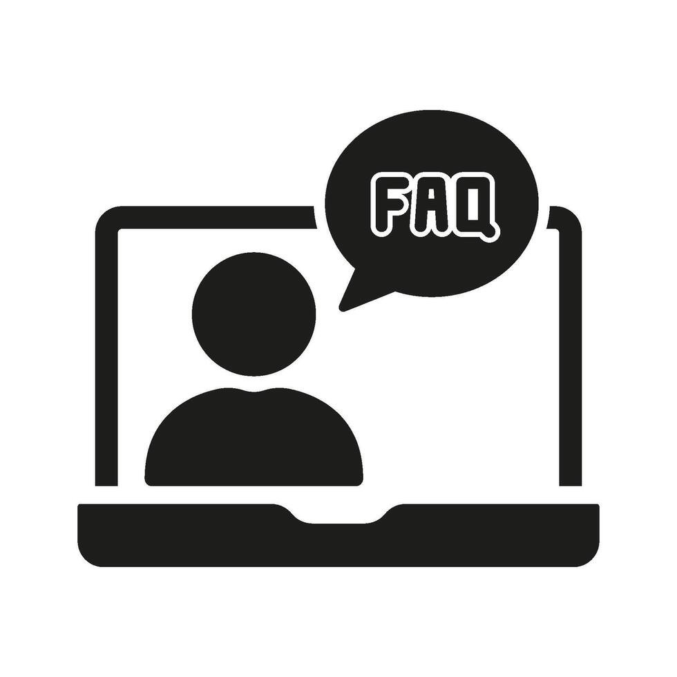 Virtual Assistant Silhouette Symbol. Person on Laptop with FAQ Chat Bubble Glyph Icon. Online Customer Support Sign. Isolated Illustration vector