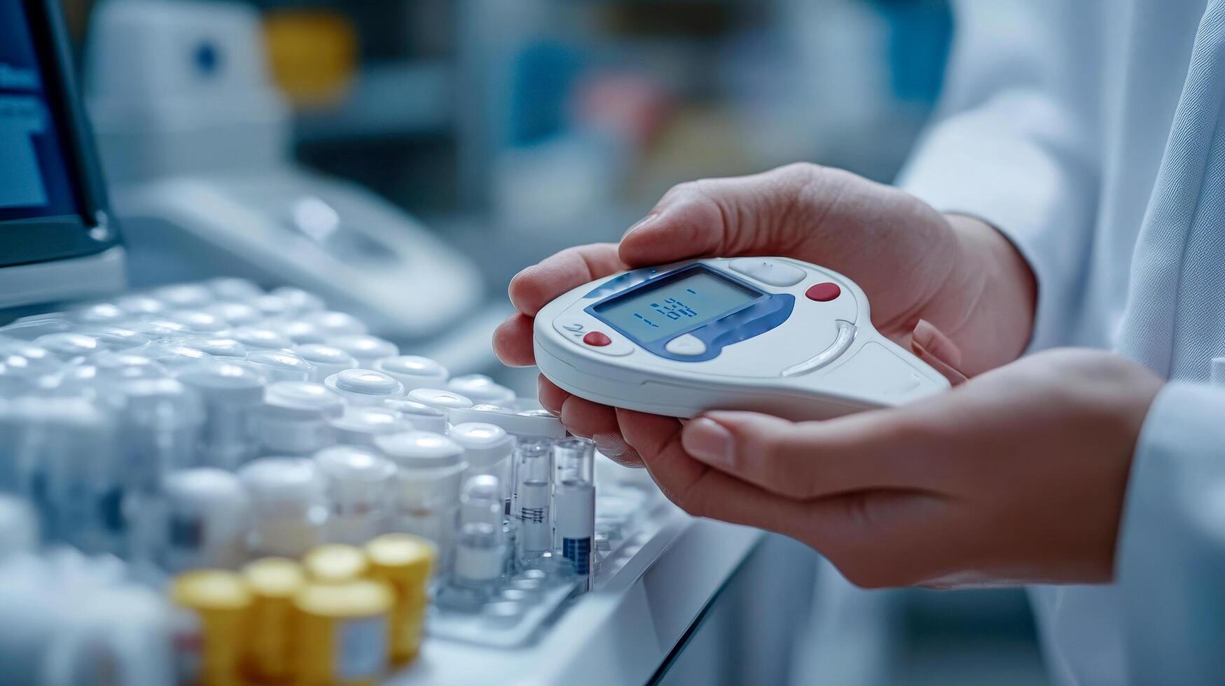 A person in a lab coat is holding a digital thermometer photo