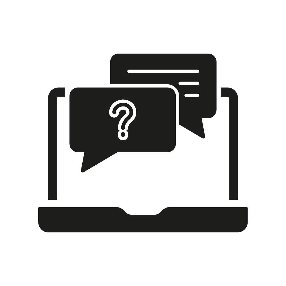 FAQ Chat on Laptop Silhouette Icon, Online Support and Customer Communication. Question and Answer in Speech Bubble Shape Glyph Symbol. Isolated Illustration vector