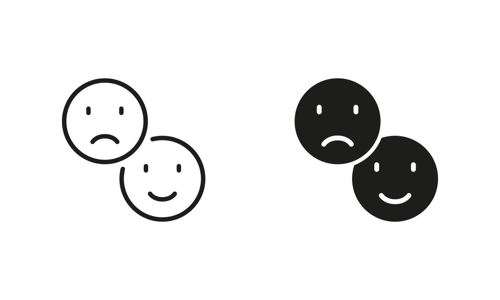 Negative and Positive Emoji Line and Silhouette Icon Set. Feedback Sign. Happy Smile and Sad Face Pictogram. Good and Unhappy Emoticon Symbol. Editable Stroke. Isolated Illustration vector