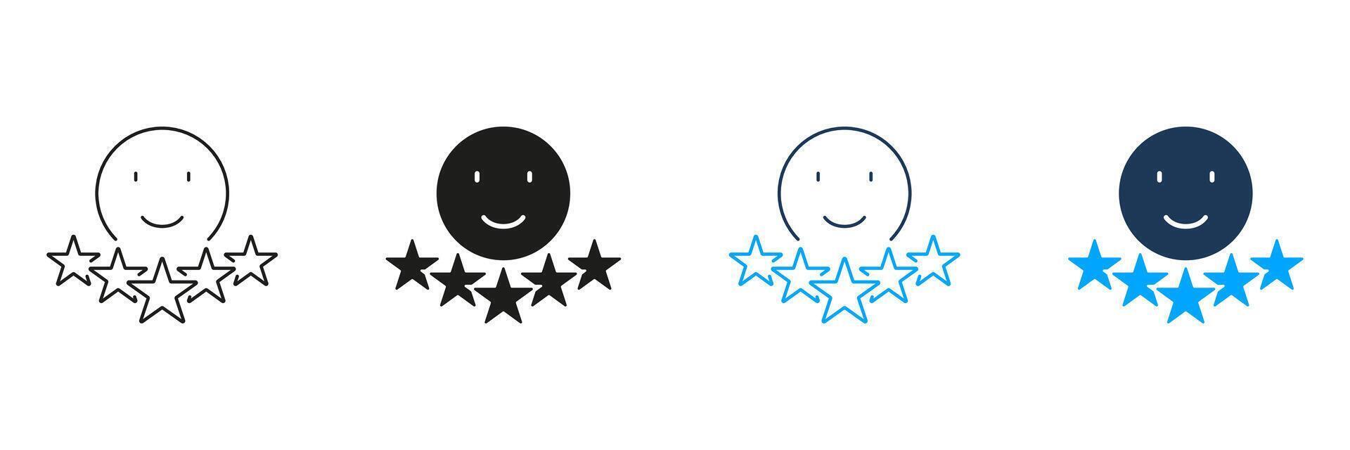 Positive Feedback Line and Silhouette Icon Set. Happy Emoticon Pictogram. Five Stars Experience Symbol. Customer Review, Client Satisfaction Sign. Editable Stroke. Isolated Illustration vector