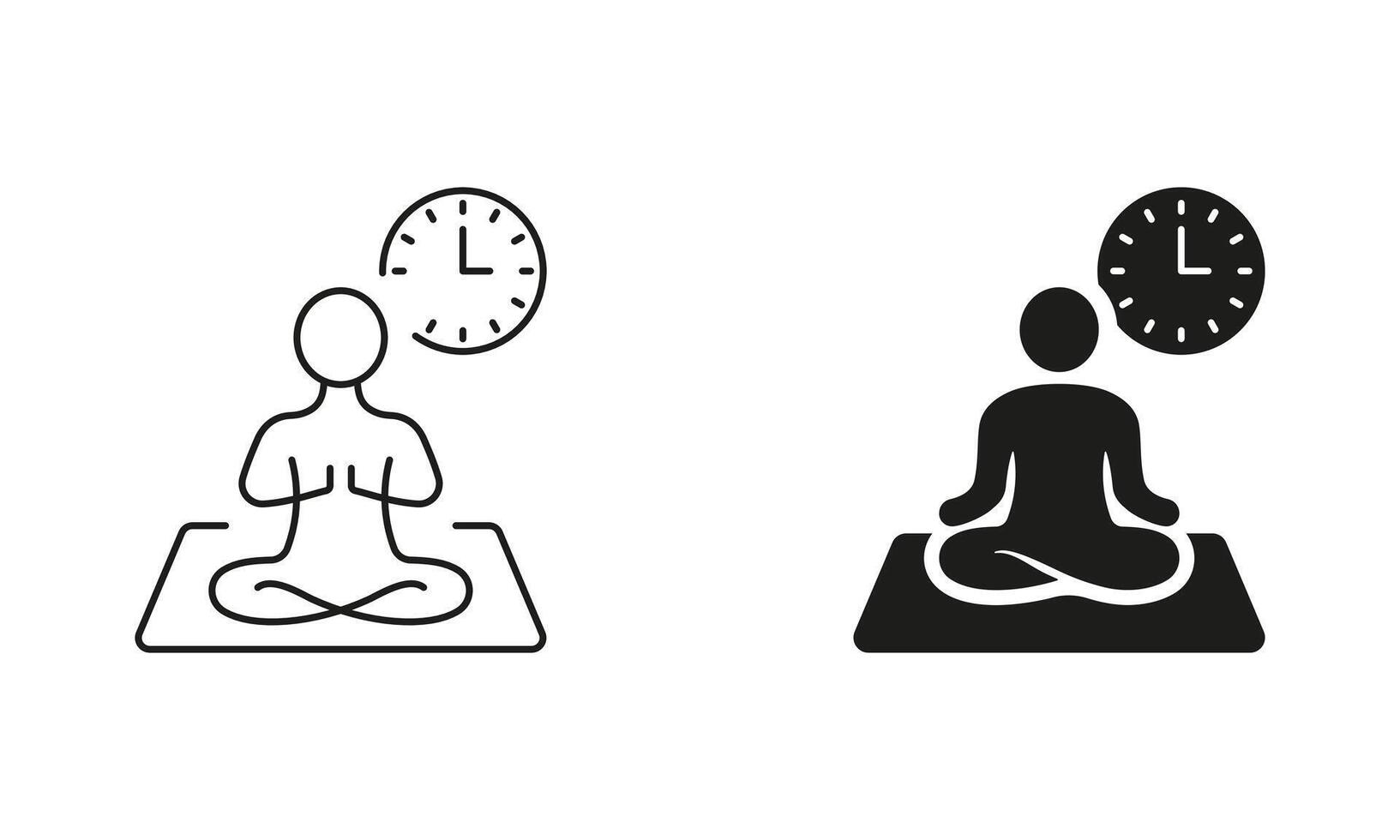 Yoga Time Line and Silhouette Icon Set. Clock and Person Sitting in Lotus Pose Symbol. Harmony, Mindfulness, Relax and Meditation Pictogram. Editable Stroke. Isolated Illustration vector
