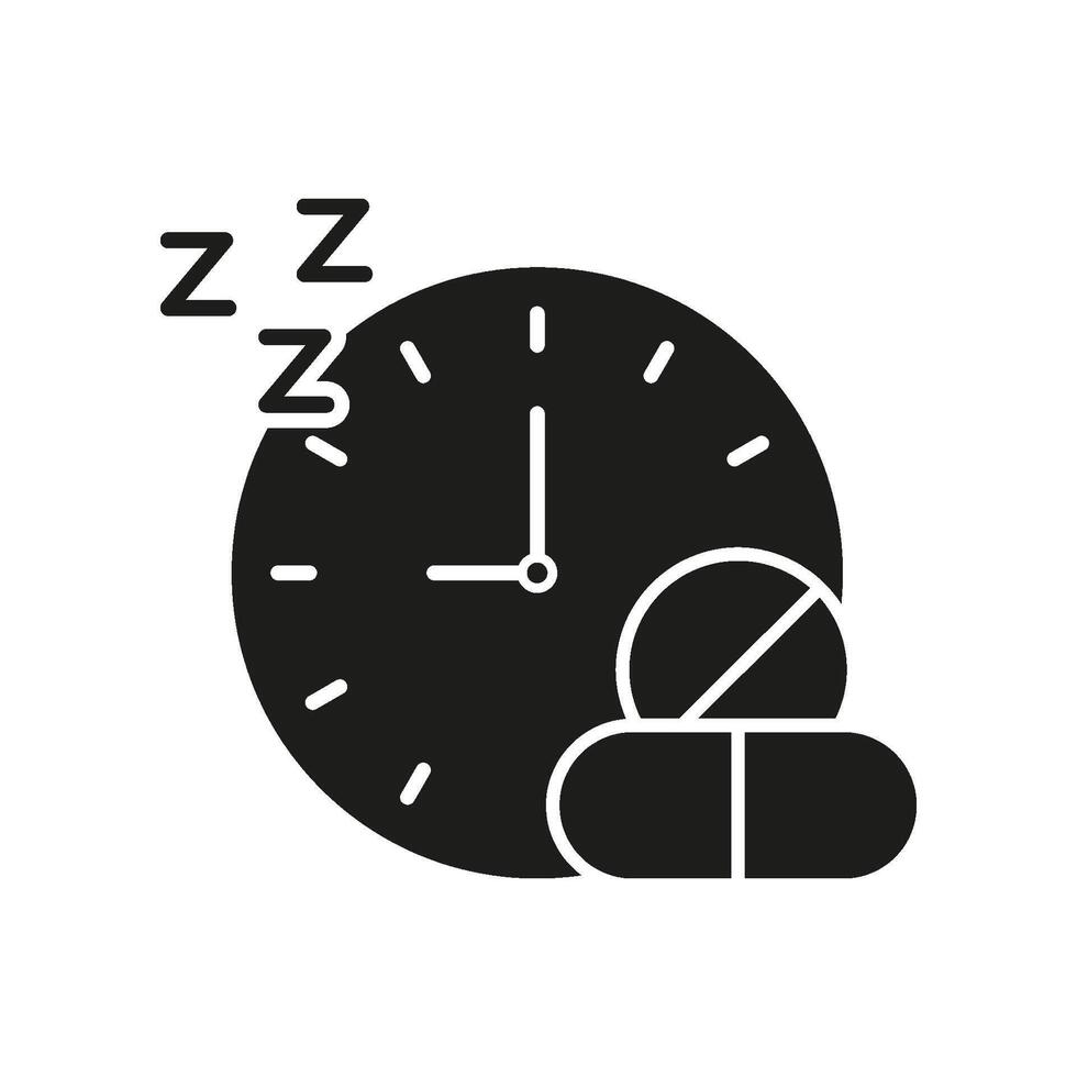 Clock With Pills And ZZZ Silhouette Icon. Sleep Medication Concept Glyph Symbol. Bedtime Medication Reminder. Isolated Illustration vector