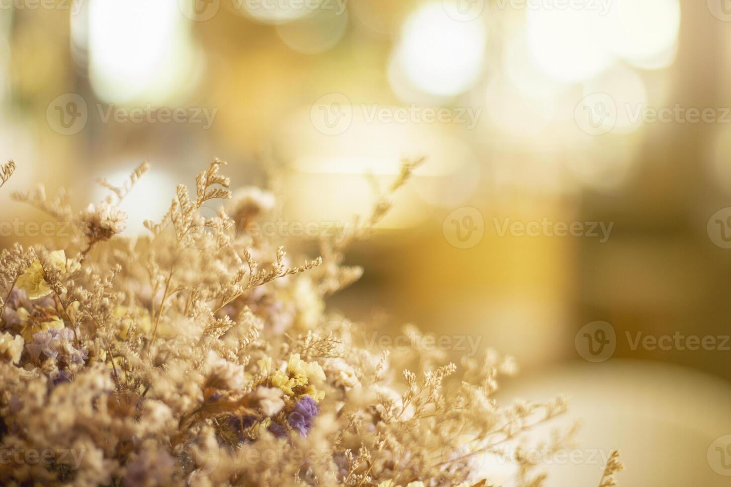 Statis dried flowers in the bouquet, Vintage Style, Limonium spp. Bokeh background. photo