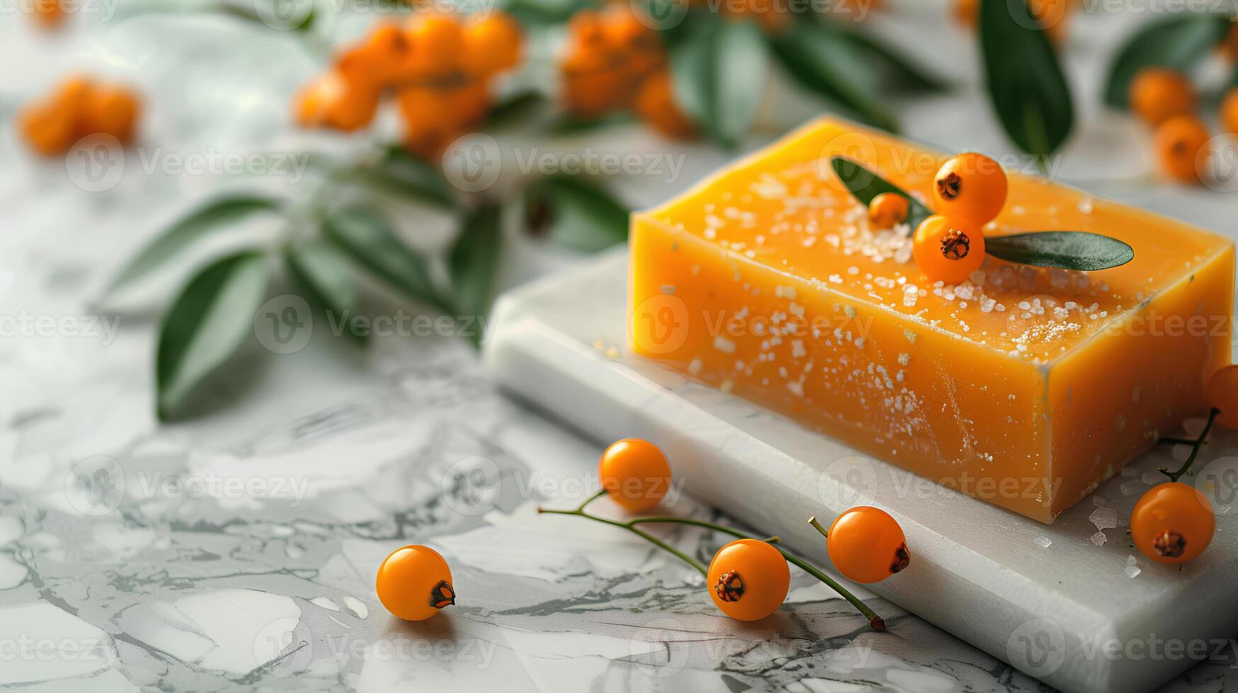 Buckthorn handmade soap bars on light background - natural skincare and hygiene concept. Space for text photo
