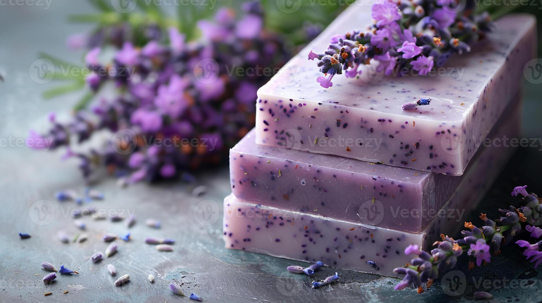 Handmade lavender soap bars on light background - natural skincare and hygiene concept. Space for text photo