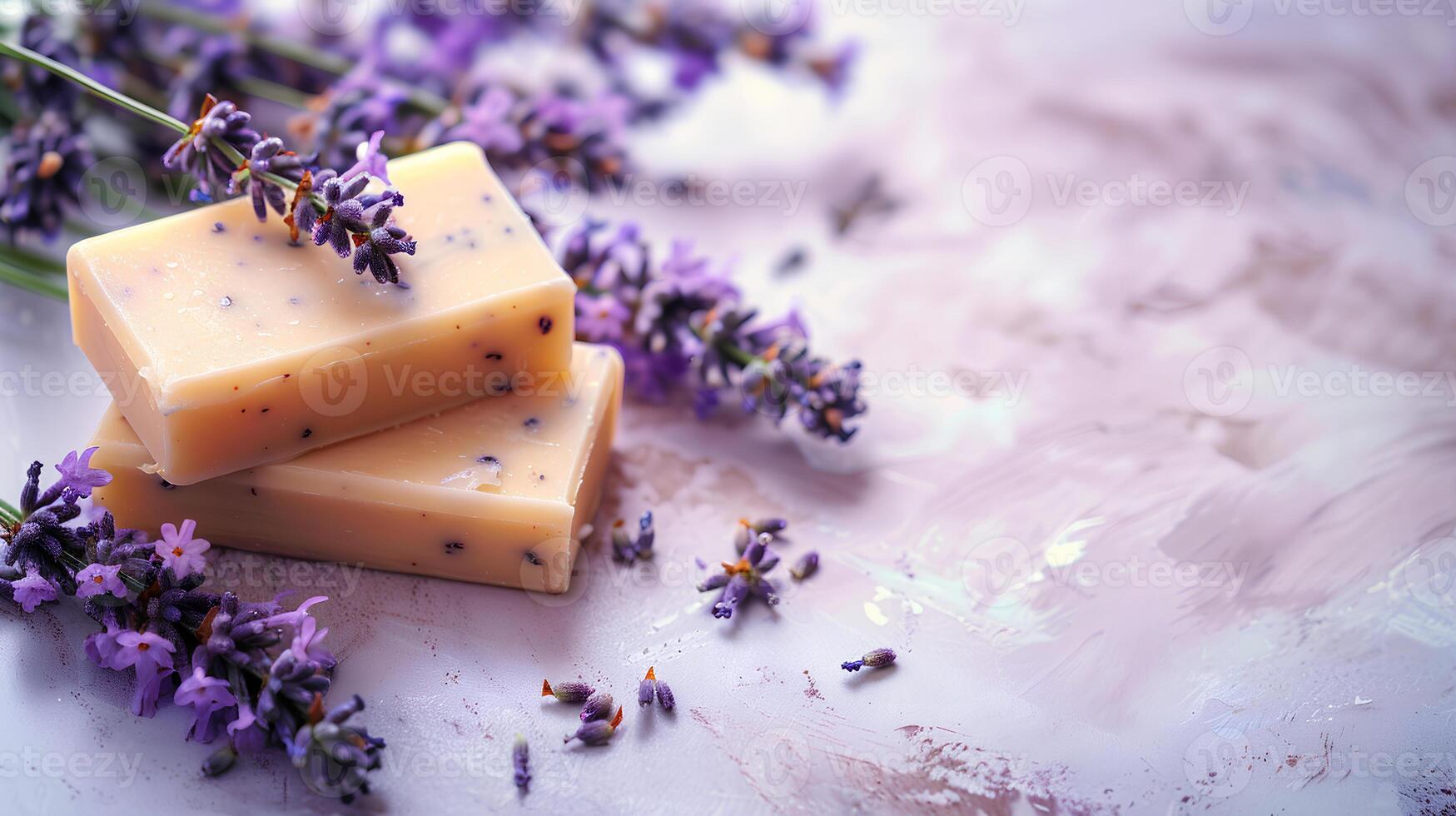 Lavender handmade soap bars on light background - natural skincare and hygiene concept. Space for text photo