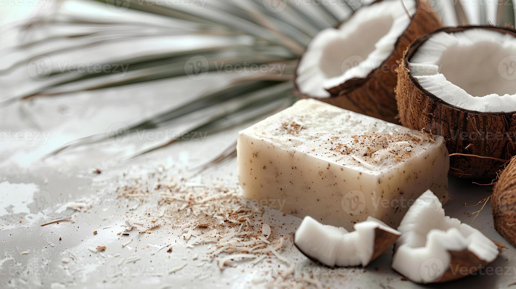 Coconut handmade soap bars on light background - natural skincare and hygiene concept. Space for text photo