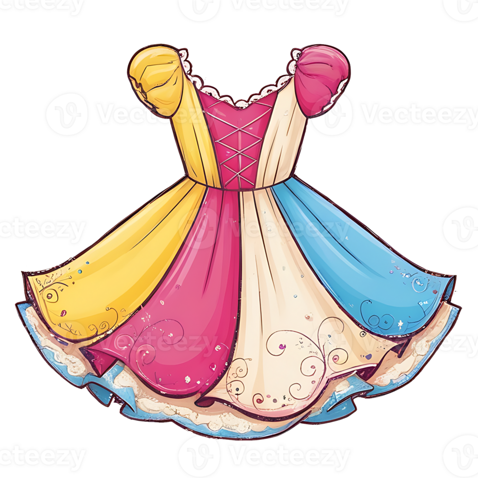 Cartoon dress with a yellow, pink and blue color scheme png