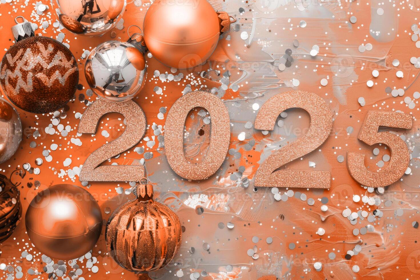 Number 2025 with tree toy balls and fir branches photo