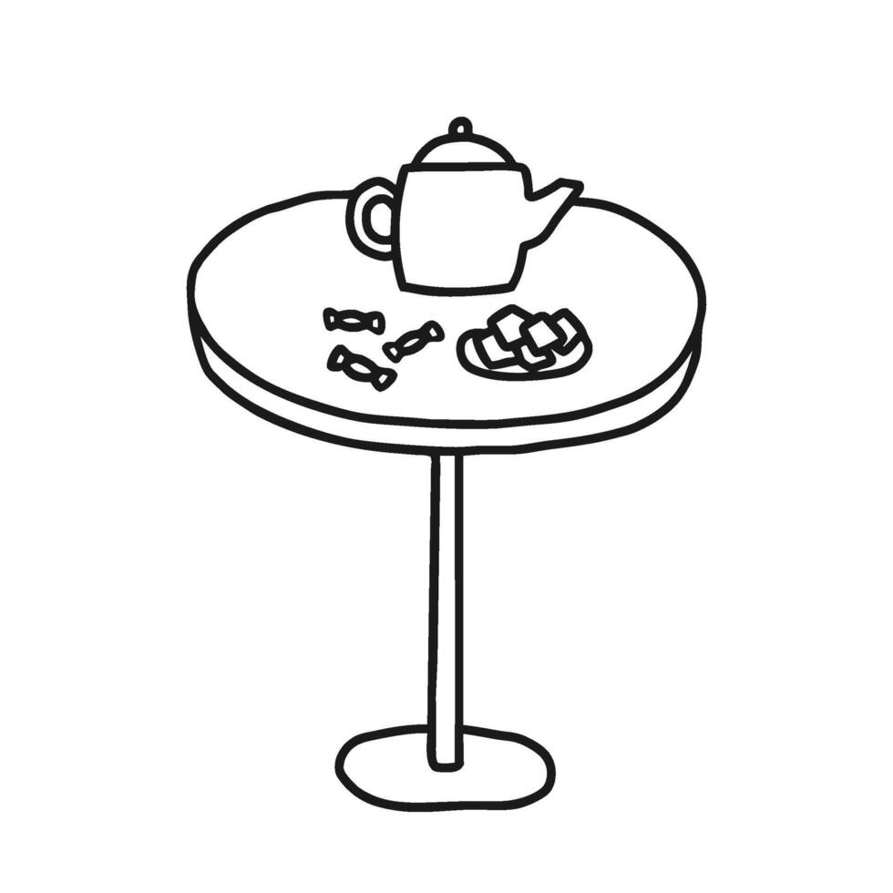 Round table with drink in cafe, line doodle. Coffee table furniture sketch. Hand drawn outline illustration vector