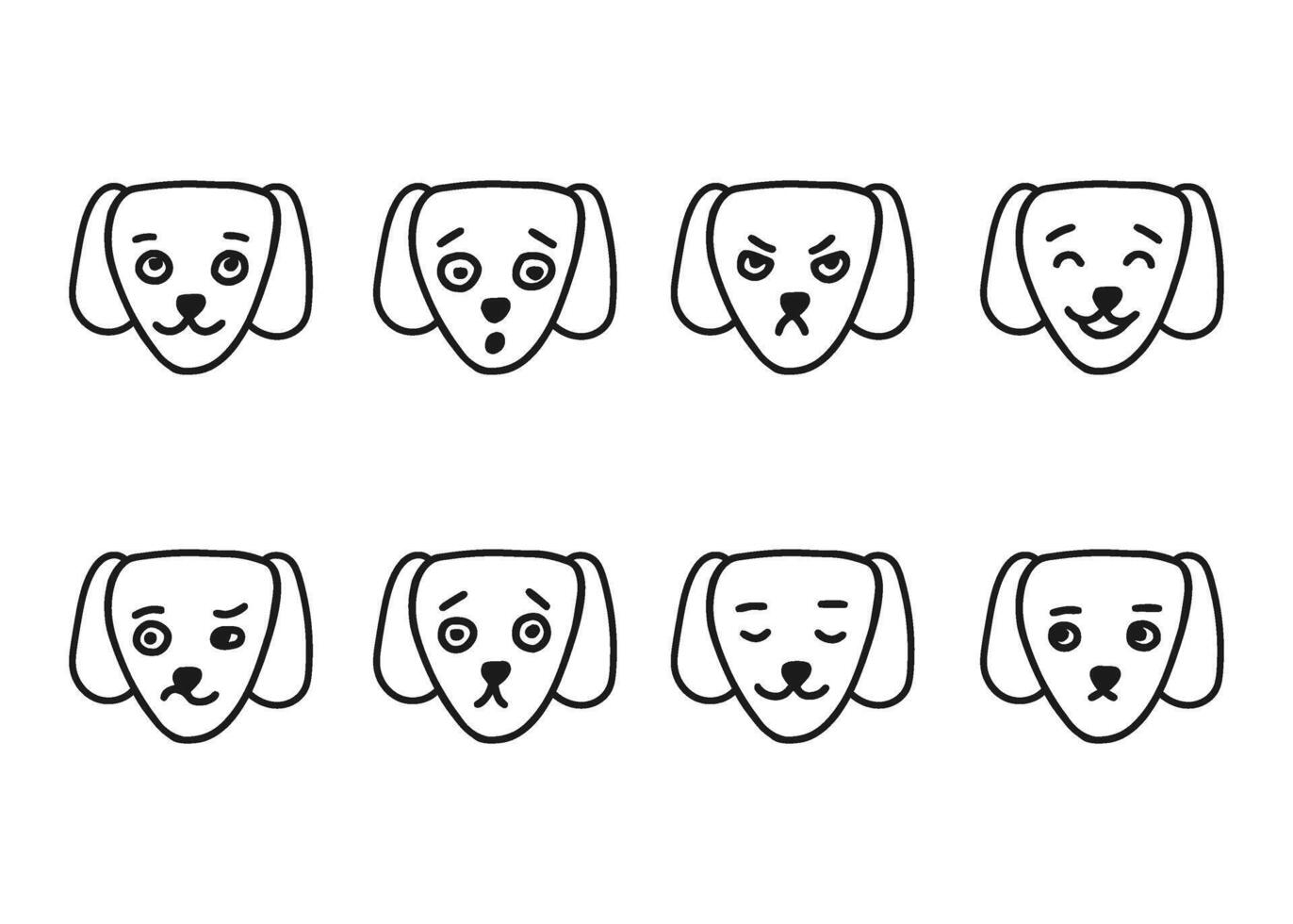 Dog head different facial expressions, line doodle character set. Hand drawn outline emotion on dog face. Happy, angry, sad and other mood. illustration vector