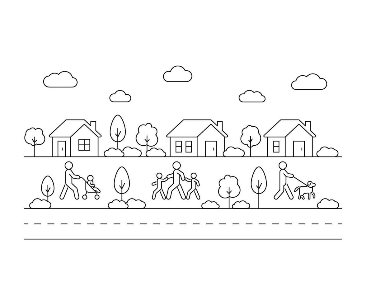 Walk resident people in neighborhood small houses in small city on street, line art. Neighbor on street, residential buildings, real estate. Exterior home. outline illustration vector