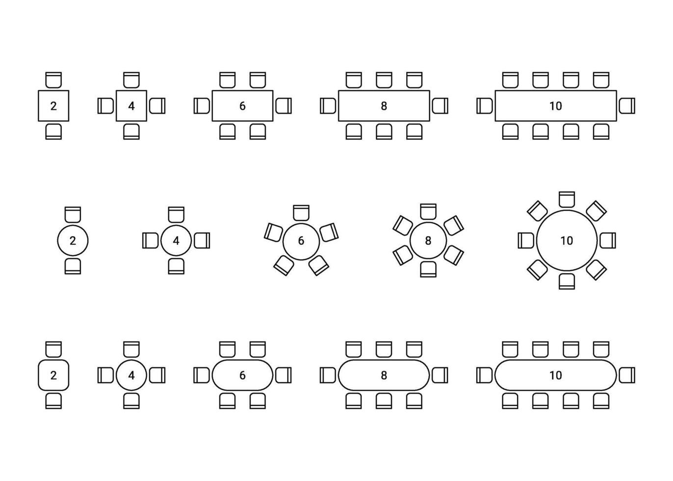 Set of plan for arranging place seats for guest in interior, layout graphic outline elements. Chairs and tables icons in scheme architectural plan. Office and home furniture, top view illustration vector