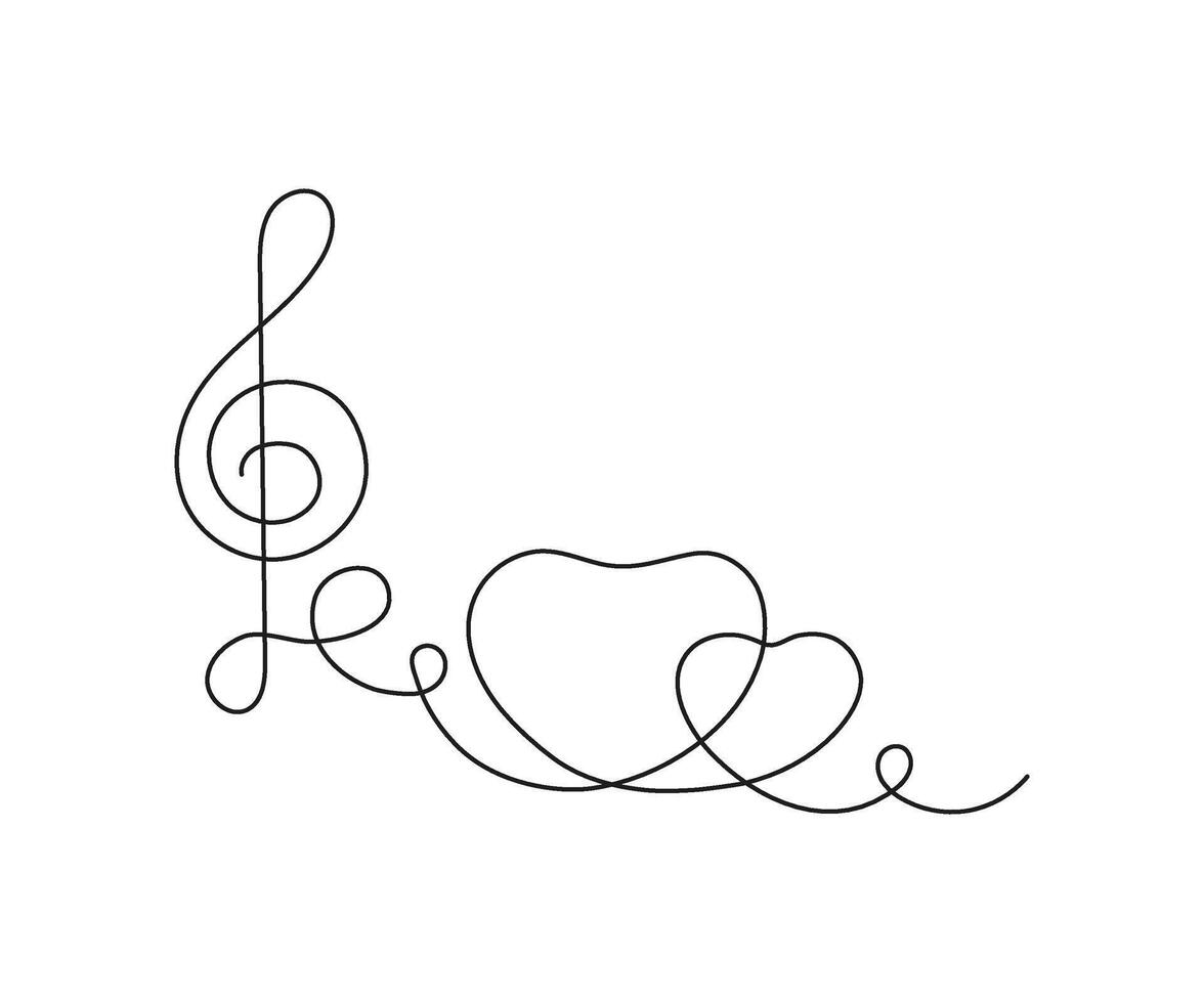 Music note in form heart and treble clef, continuous one art line drawing. Music is love concept. Hand drawn doodle sketch. illustration vector