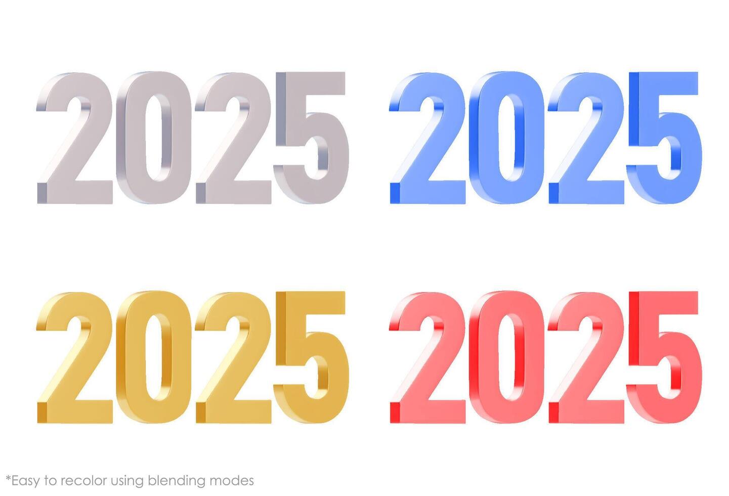 Set of 3D elegant and modern numbers 2025. A variation of different colors. Easy to recolor using blending modes. New Year decorative element. illustration isolated on white background vector
