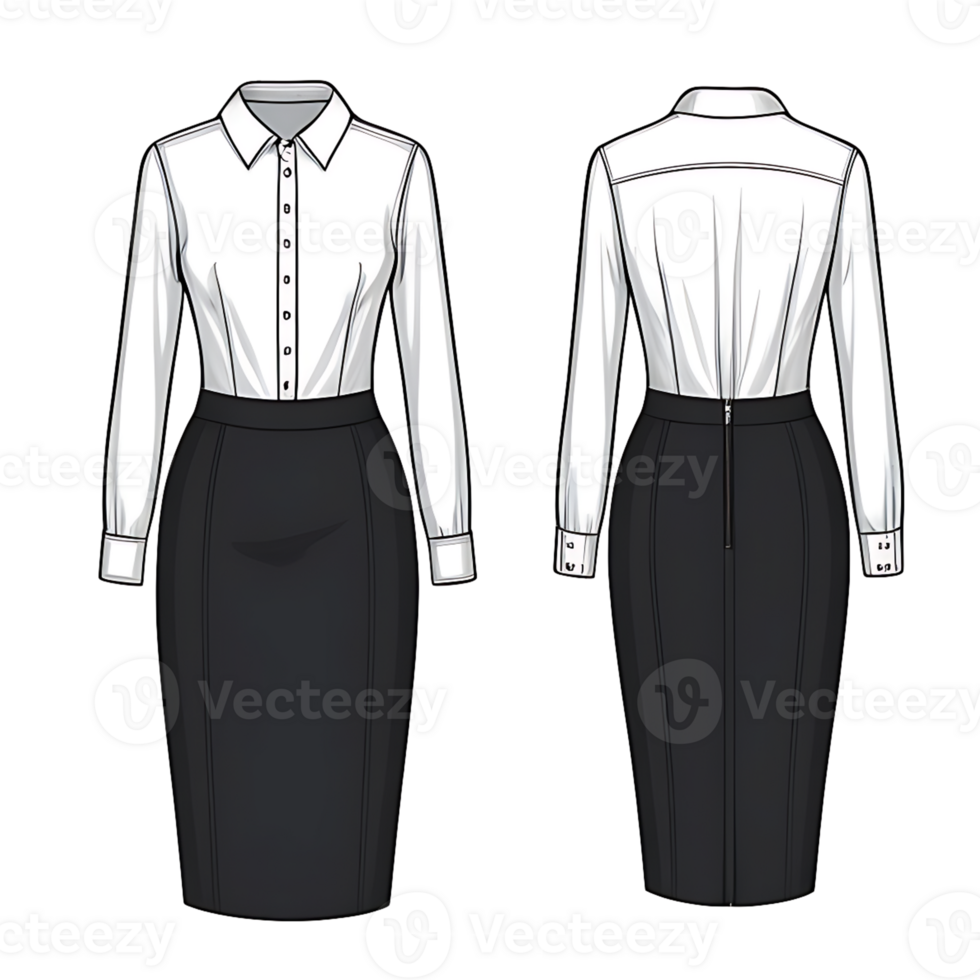 white shirt and black skirt, front and back view png