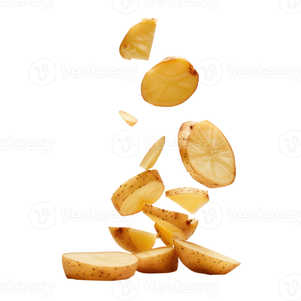 Falling peal partially sliced potato isolate on transparency background png