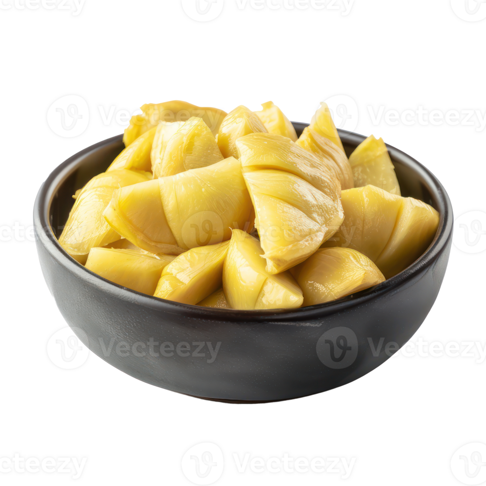 Sliced pieces of durian fruit in bowl front view isolate on transparency background png