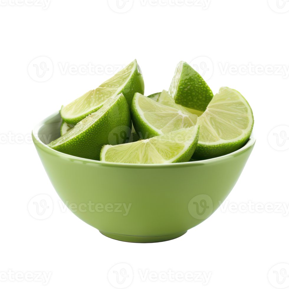 Sliced pieces of Lime in bowl front view isolate on transparency background png