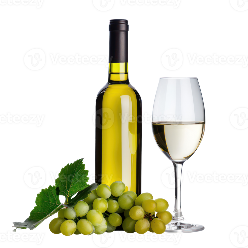 Green grapes wine bottle and glassed front view isolate on transparency background png