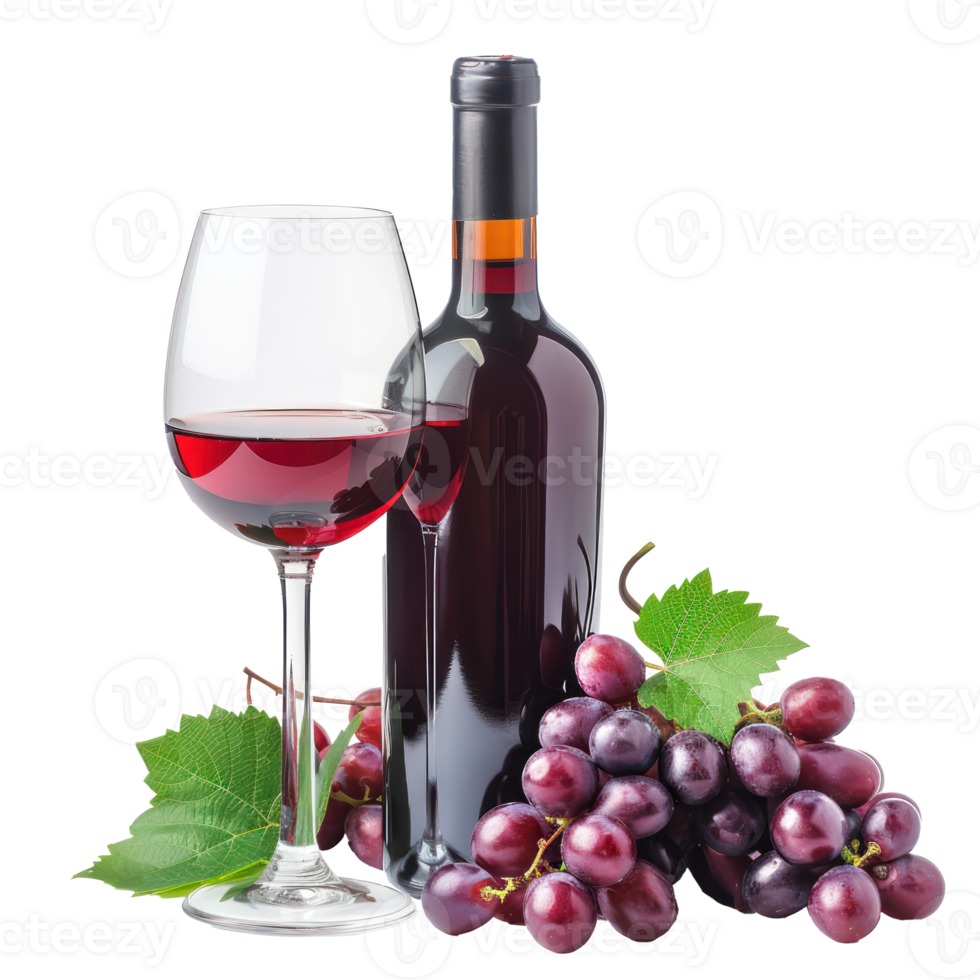 Red grapes wine bottle and glassed front view isolate on transparency background png
