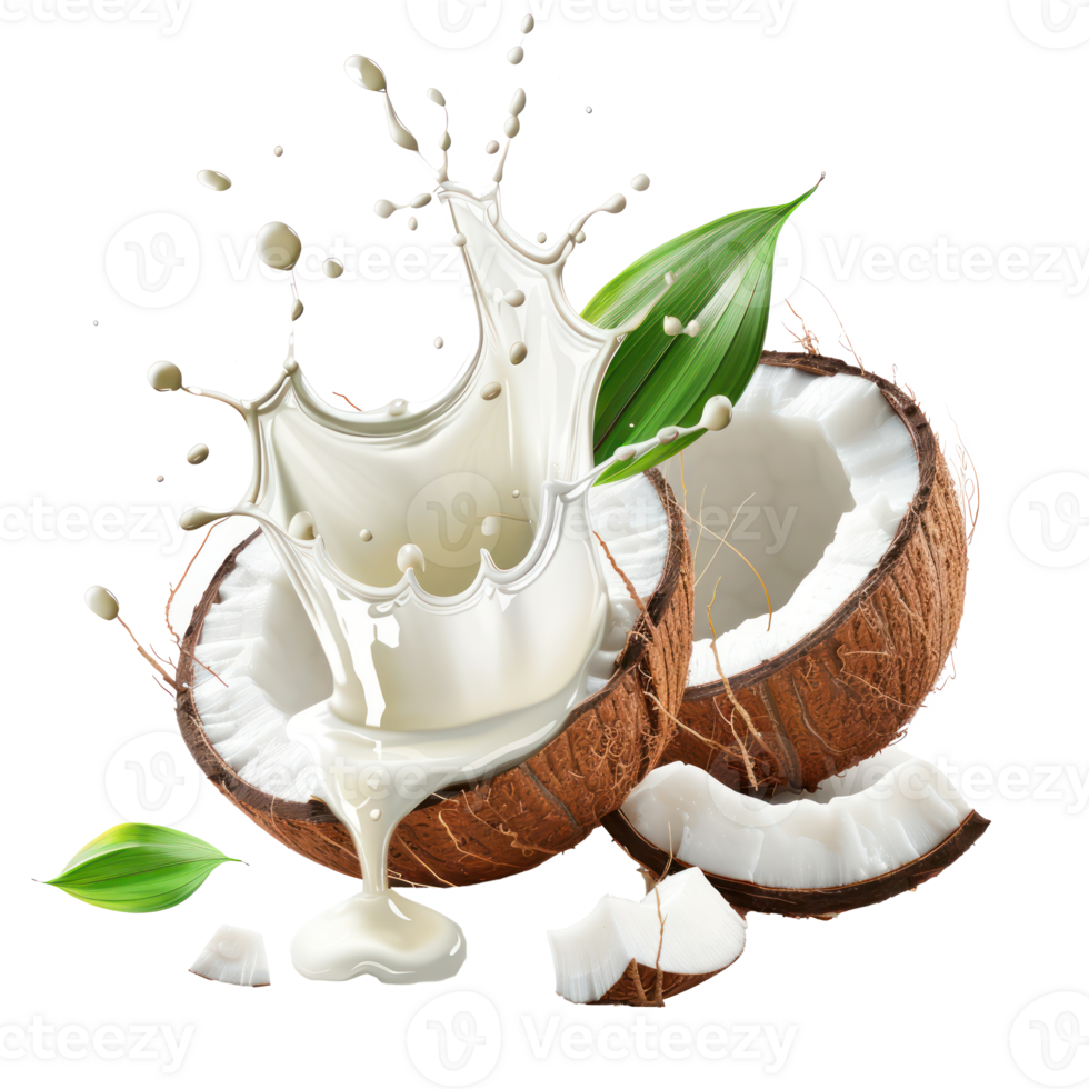 Whole and cut coconuts with milk splashing and green leaves isolate on transparency background png