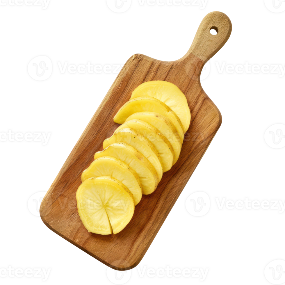 Sliced Potatoe on chopping board top view isolate on transparency background png
