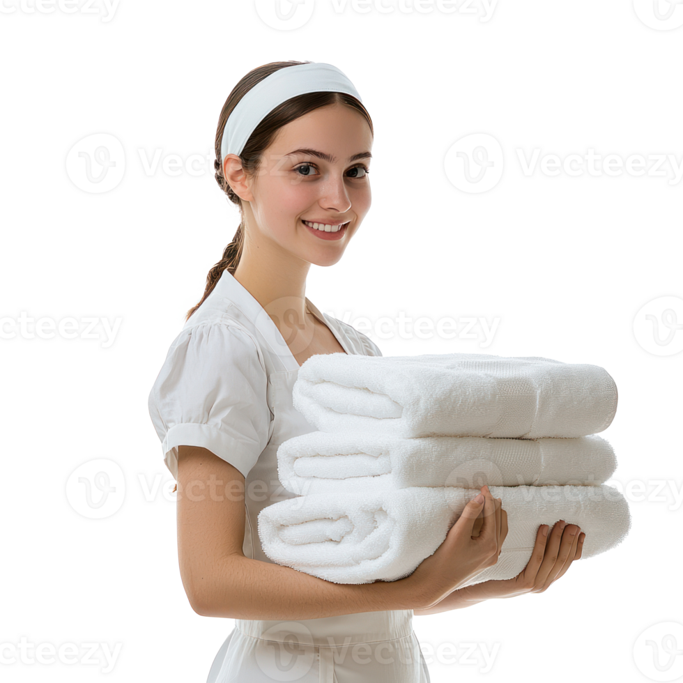 Young female chambermaid holding white towels side view isolate on transparency background png