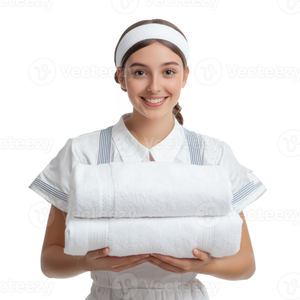 Young female chambermaid holding white towels isolate on transparency background png