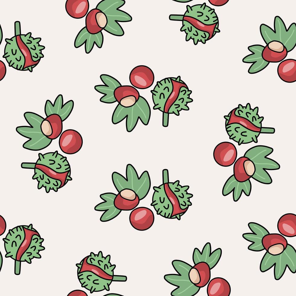 Cute pattern of chestnut leaves and seeds on a white background vector