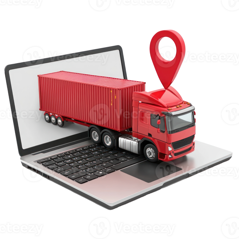 3D laptop with Cargo Container truck, logistic concept and red pin side view isolate on transparency background png