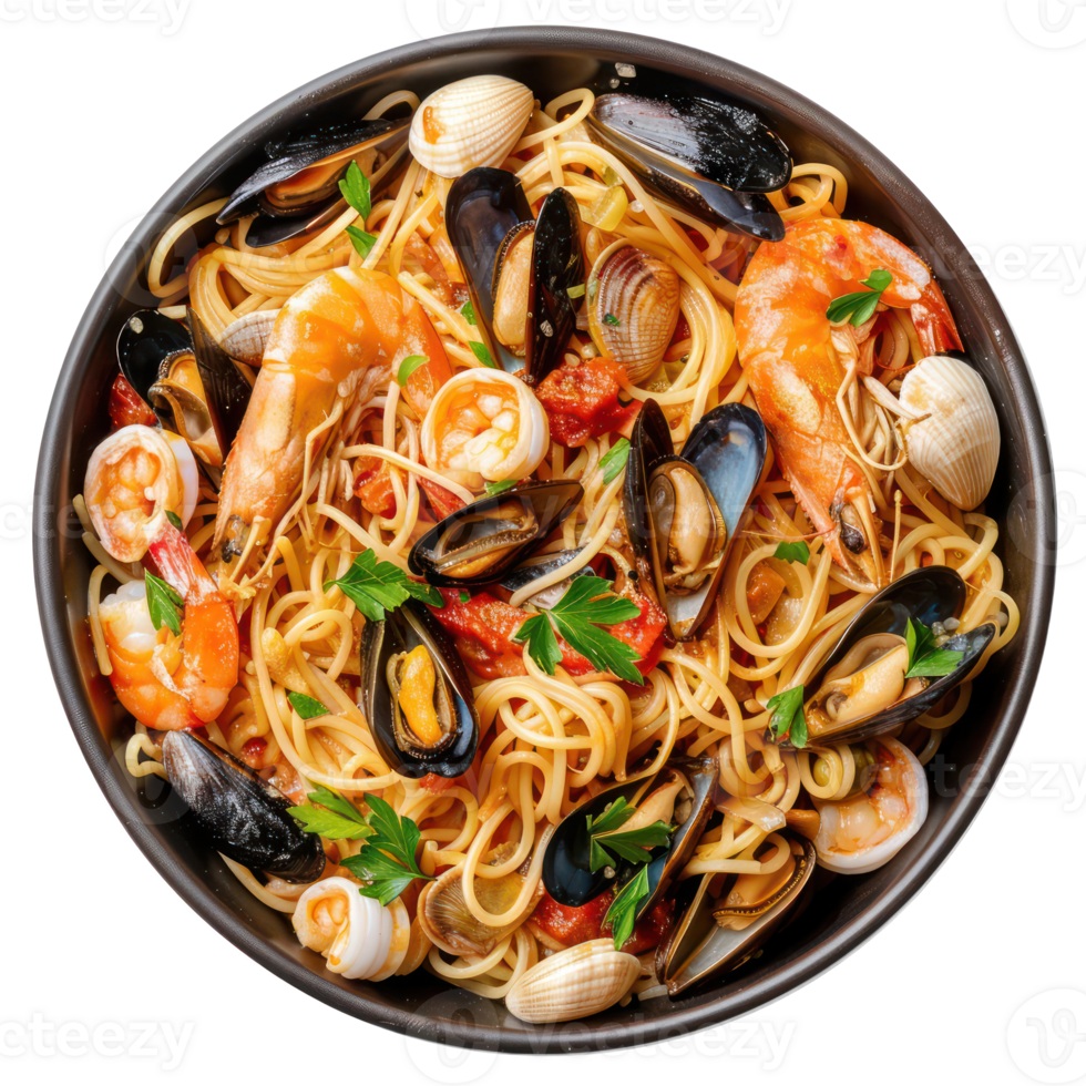 spaghetti with seafood and clams on a plate png