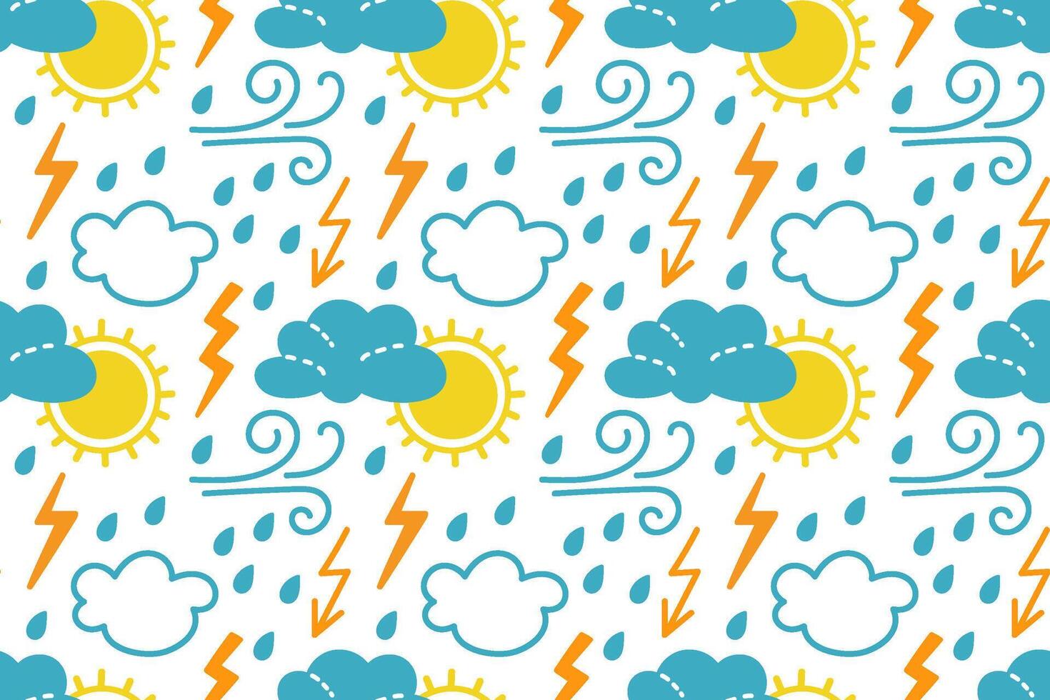 Colorful weather pattern featuring sun, clouds, rain, and lightning in a playful design vector