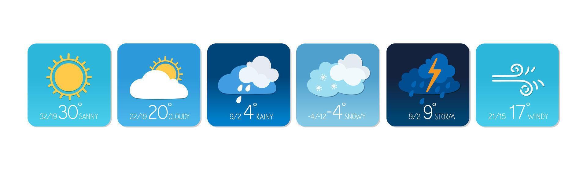 Weather forecast shows diverse conditions throughout the week with sun, rain, and wind vector