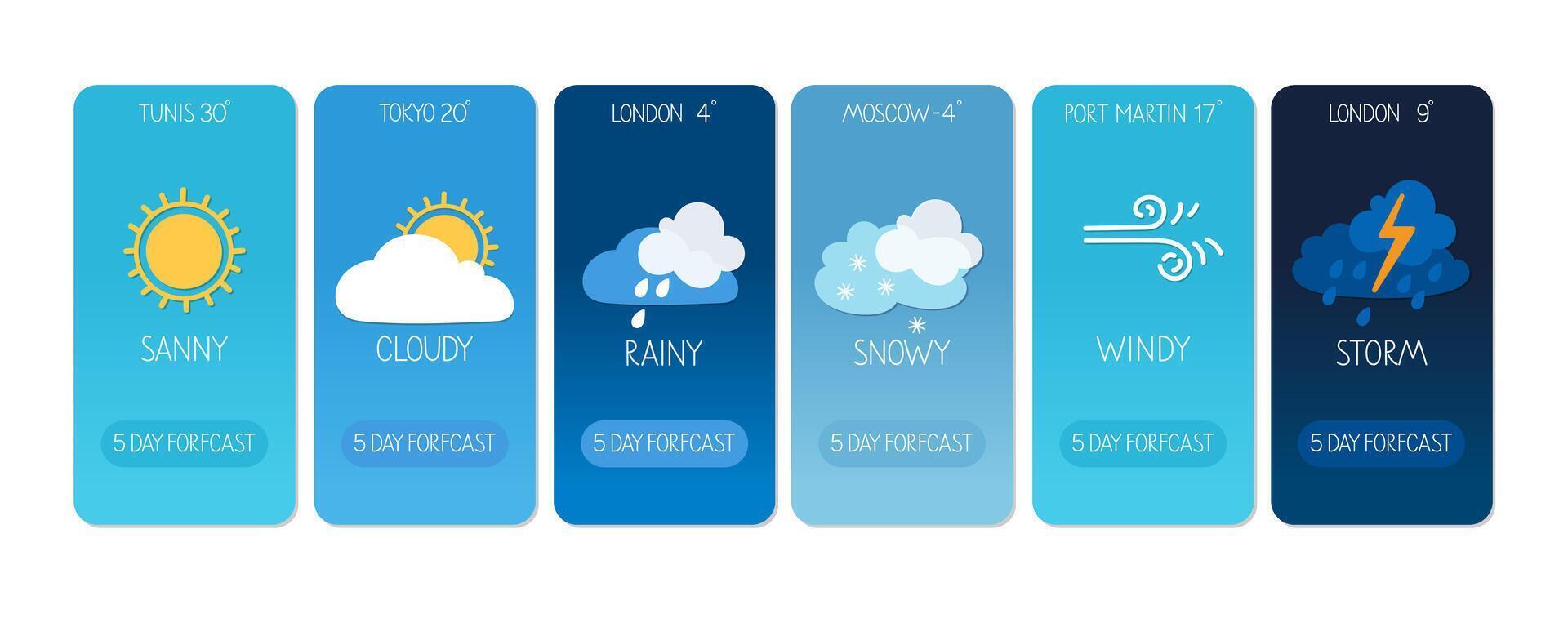 Weather forecast overview for various cities including Tunis, Tokyo, and London vector
